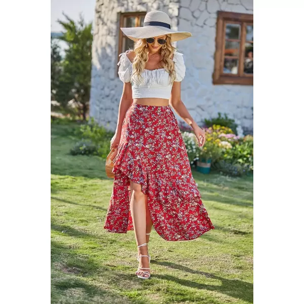 imageBTFBM Women 2023 Summer Spring Boho Long Skirts Dress Floral Print Elastic Waist Split Ruffle High Low Beach Maxi SkirtPrint Floral Red