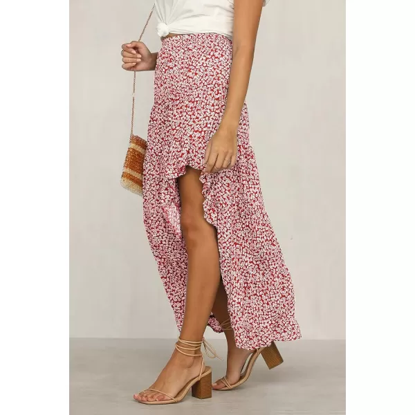imageBTFBM Women 2023 Summer Spring Boho Long Skirts Dress Floral Print Elastic Waist Split Ruffle High Low Beach Maxi SkirtRed