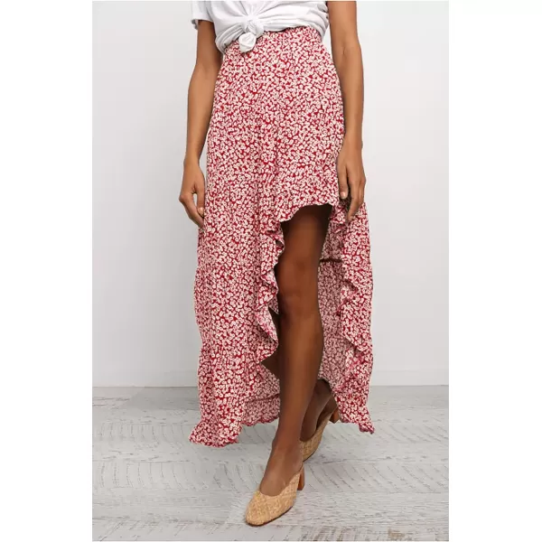 imageBTFBM Women 2023 Summer Spring Boho Long Skirts Dress Floral Print Elastic Waist Split Ruffle High Low Beach Maxi SkirtRed