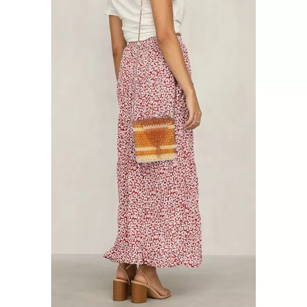 imageBTFBM Women 2023 Summer Spring Boho Long Skirts Dress Floral Print Elastic Waist Split Ruffle High Low Beach Maxi SkirtRed