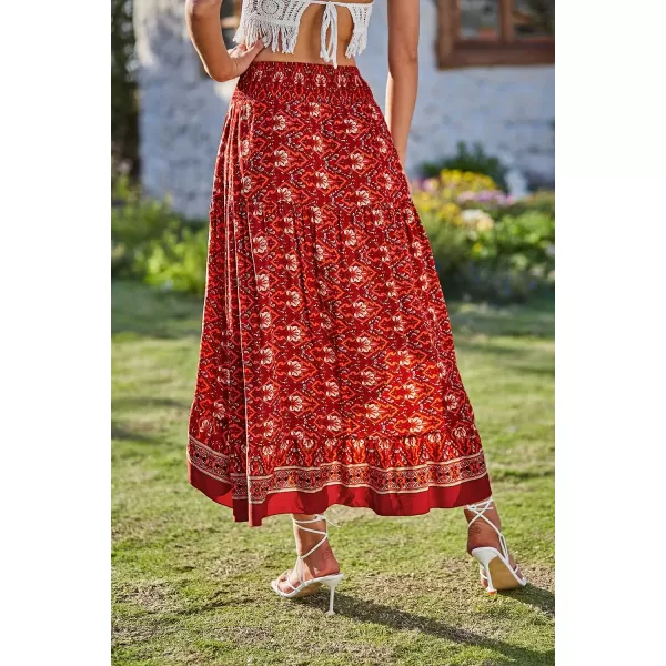 imageBTFBM Women 2023 Summer Spring Boho Long Skirts Dress Floral Print Elastic Waist Split Ruffle High Low Beach Maxi SkirtX  Floral Red
