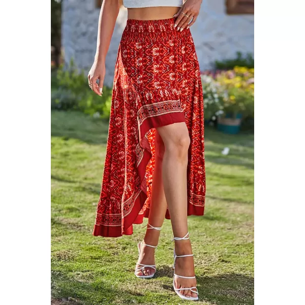 imageBTFBM Women 2023 Summer Spring Boho Long Skirts Dress Floral Print Elastic Waist Split Ruffle High Low Beach Maxi SkirtX  Floral Red