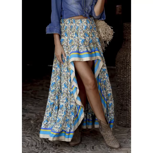imageBTFBM Women 2023 Summer Spring Boho Long Skirts Dress Floral Print Elastic Waist Split Ruffle High Low Beach Maxi SkirtXblue