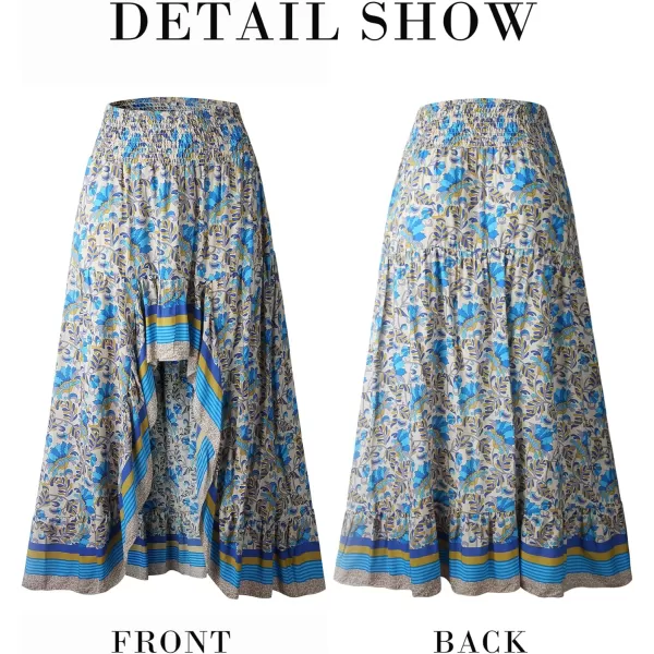 imageBTFBM Women 2023 Summer Spring Boho Long Skirts Dress Floral Print Elastic Waist Split Ruffle High Low Beach Maxi SkirtXblue