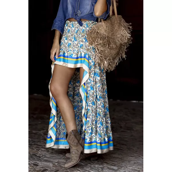 imageBTFBM Women 2023 Summer Spring Boho Long Skirts Dress Floral Print Elastic Waist Split Ruffle High Low Beach Maxi SkirtXblue