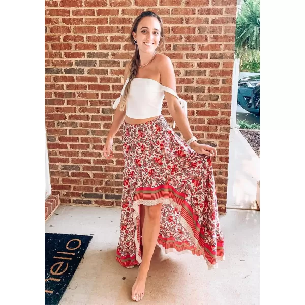 imageBTFBM Women 2023 Summer Spring Boho Long Skirts Dress Floral Print Elastic Waist Split Ruffle High Low Beach Maxi SkirtXred