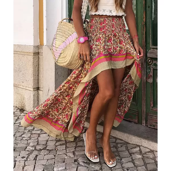 imageBTFBM Women 2023 Summer Spring Boho Long Skirts Dress Floral Print Elastic Waist Split Ruffle High Low Beach Maxi SkirtXred