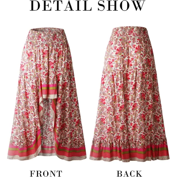 imageBTFBM Women 2023 Summer Spring Boho Long Skirts Dress Floral Print Elastic Waist Split Ruffle High Low Beach Maxi SkirtXred