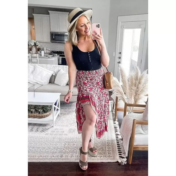 imageBTFBM Women 2023 Summer Spring Boho Long Skirts Dress Floral Print Elastic Waist Split Ruffle High Low Beach Maxi SkirtXred