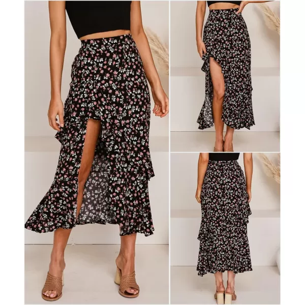imageBTFBM Women 2023 Summer Spring Boho Long Skirts Dress Floral Print Elastic Waist Split Ruffle High Low Beach Maxi SkirtZblack