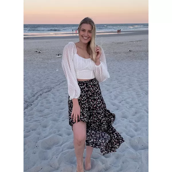 imageBTFBM Women 2023 Summer Spring Boho Long Skirts Dress Floral Print Elastic Waist Split Ruffle High Low Beach Maxi SkirtZblack