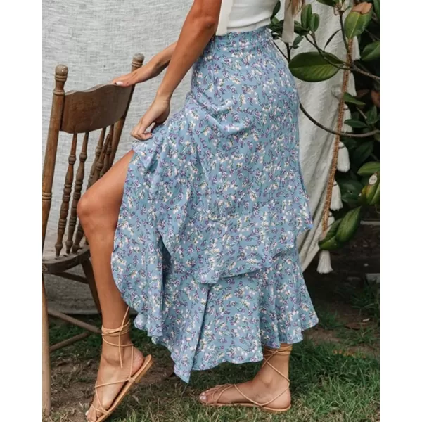 imageBTFBM Women 2023 Summer Spring Boho Long Skirts Dress Floral Print Elastic Waist Split Ruffle High Low Beach Maxi SkirtZblue