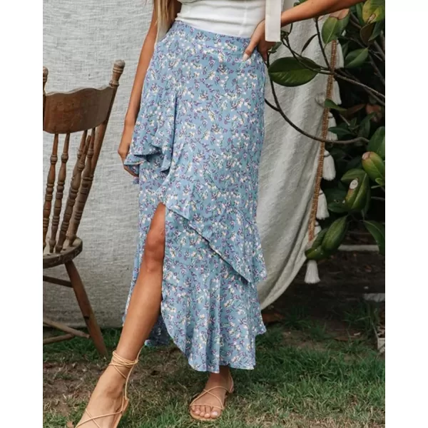 imageBTFBM Women 2023 Summer Spring Boho Long Skirts Dress Floral Print Elastic Waist Split Ruffle High Low Beach Maxi SkirtZblue
