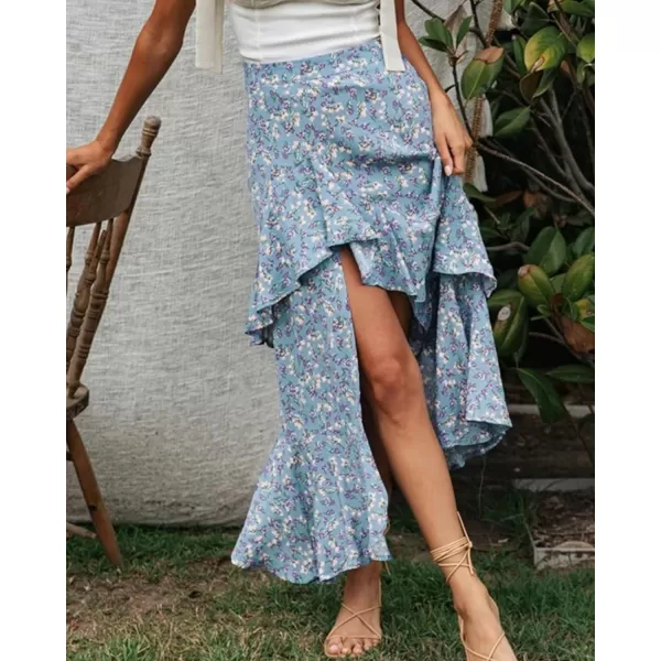 imageBTFBM Women 2023 Summer Spring Boho Long Skirts Dress Floral Print Elastic Waist Split Ruffle High Low Beach Maxi SkirtZblue