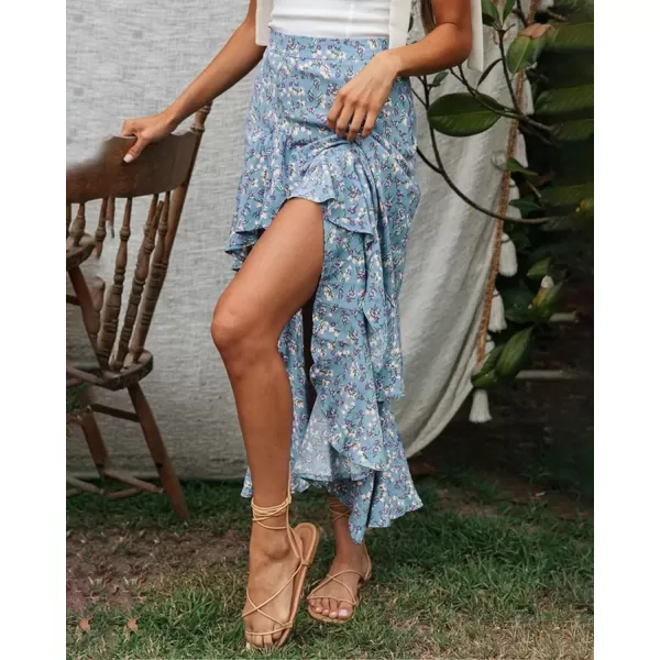 imageBTFBM Women 2023 Summer Spring Boho Long Skirts Dress Floral Print Elastic Waist Split Ruffle High Low Beach Maxi SkirtZblue