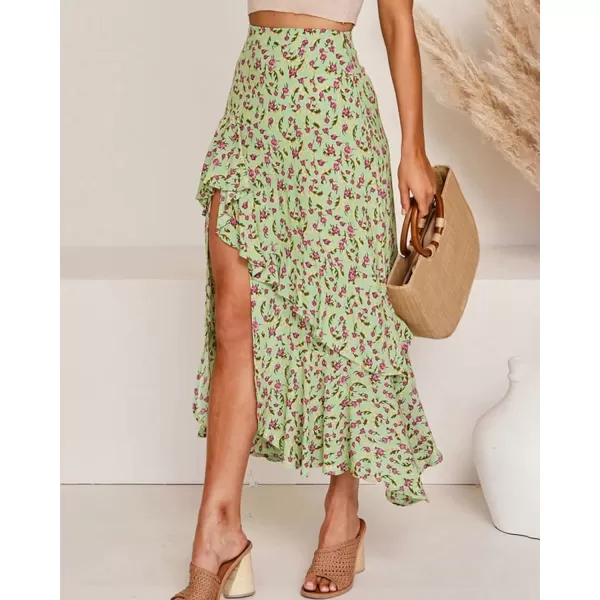 imageBTFBM Women 2023 Summer Spring Boho Long Skirts Dress Floral Print Elastic Waist Split Ruffle High Low Beach Maxi SkirtZgreen