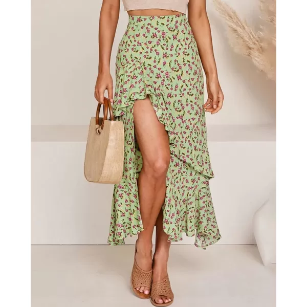 imageBTFBM Women 2023 Summer Spring Boho Long Skirts Dress Floral Print Elastic Waist Split Ruffle High Low Beach Maxi SkirtZgreen