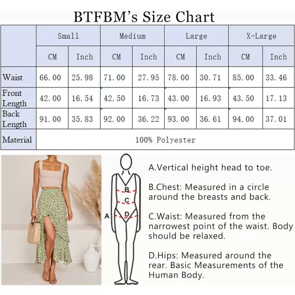 imageBTFBM Women 2023 Summer Spring Boho Long Skirts Dress Floral Print Elastic Waist Split Ruffle High Low Beach Maxi SkirtZgreen