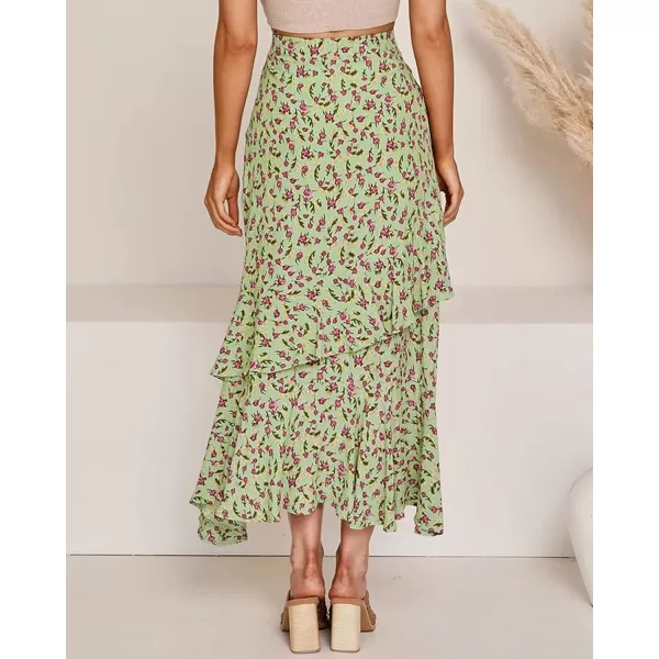 imageBTFBM Women 2023 Summer Spring Boho Long Skirts Dress Floral Print Elastic Waist Split Ruffle High Low Beach Maxi SkirtZgreen
