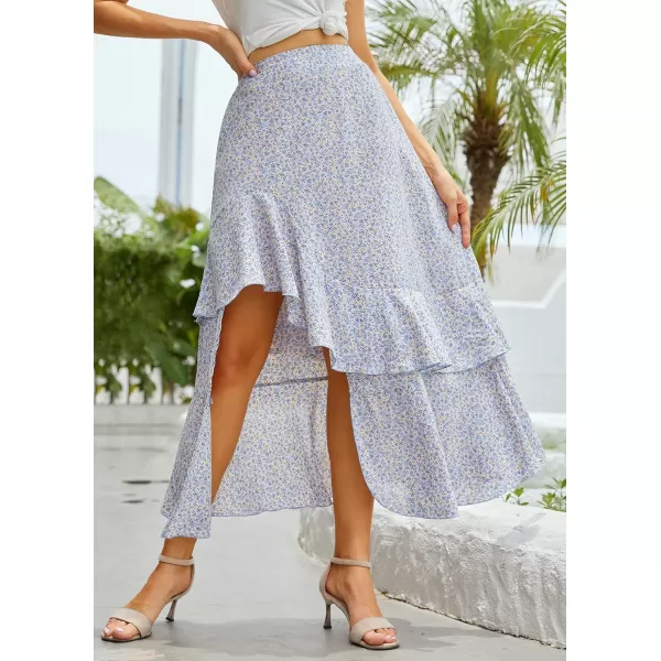 imageBTFBM Women 2023 Summer Spring Boho Long Skirts Dress Floral Print Elastic Waist Split Ruffle High Low Beach Maxi SkirtZlight Blue