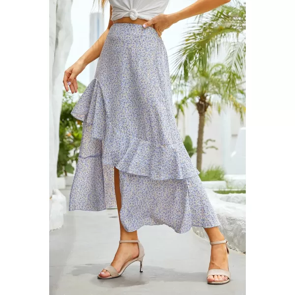 imageBTFBM Women 2023 Summer Spring Boho Long Skirts Dress Floral Print Elastic Waist Split Ruffle High Low Beach Maxi SkirtZlight Blue
