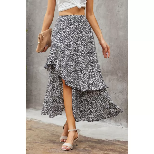 imageBTFBM Women 2023 Summer Spring Boho Long Skirts Dress Floral Print Elastic Waist Split Ruffle High Low Beach Maxi SkirtZnavy