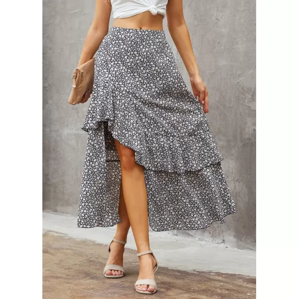 imageBTFBM Women 2023 Summer Spring Boho Long Skirts Dress Floral Print Elastic Waist Split Ruffle High Low Beach Maxi SkirtZnavy
