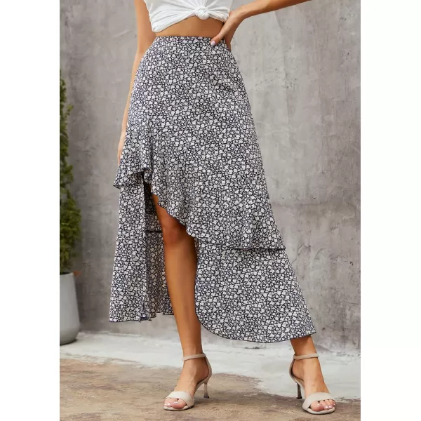 imageBTFBM Women 2023 Summer Spring Boho Long Skirts Dress Floral Print Elastic Waist Split Ruffle High Low Beach Maxi SkirtZnavy