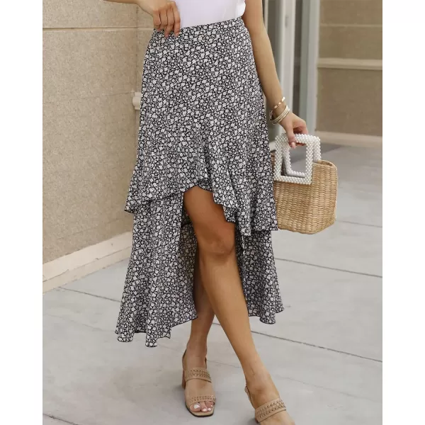 imageBTFBM Women 2023 Summer Spring Boho Long Skirts Dress Floral Print Elastic Waist Split Ruffle High Low Beach Maxi SkirtZnavy