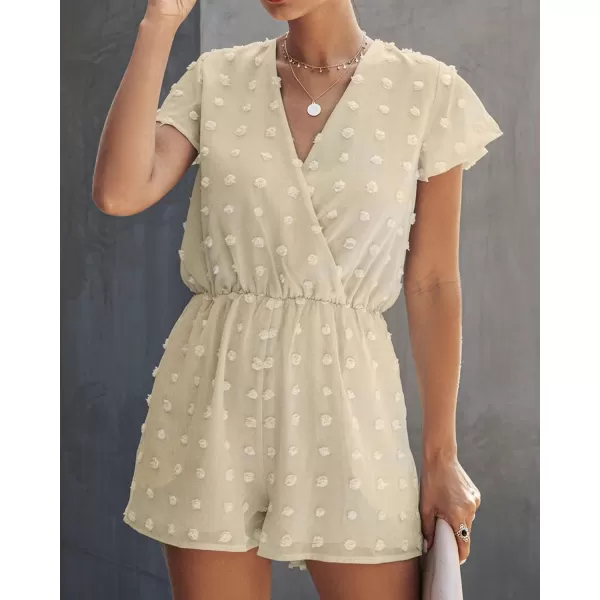 imageBTFBM Women 2024 Summer Fashion V Neck Wrap Rompers Swiss Dot Pocketed Elastic Waist Short Sleeve Beach Shorts JumpsuitApricot