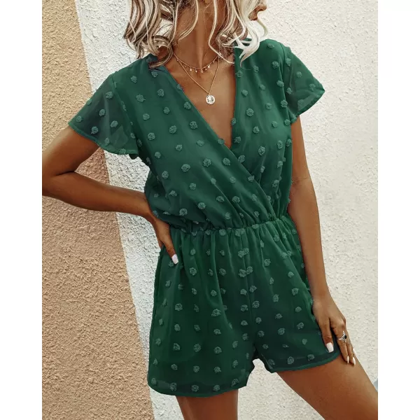 imageBTFBM Women 2024 Summer Fashion V Neck Wrap Rompers Swiss Dot Pocketed Elastic Waist Short Sleeve Beach Shorts JumpsuitDark Green