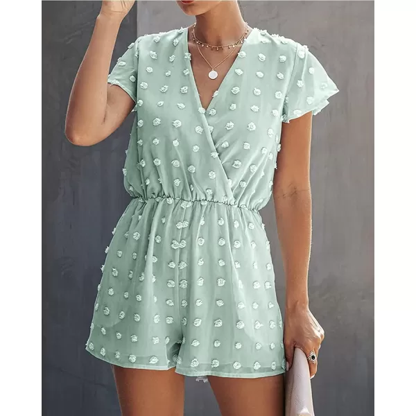 imageBTFBM Women 2024 Summer Fashion V Neck Wrap Rompers Swiss Dot Pocketed Elastic Waist Short Sleeve Beach Shorts JumpsuitGreen