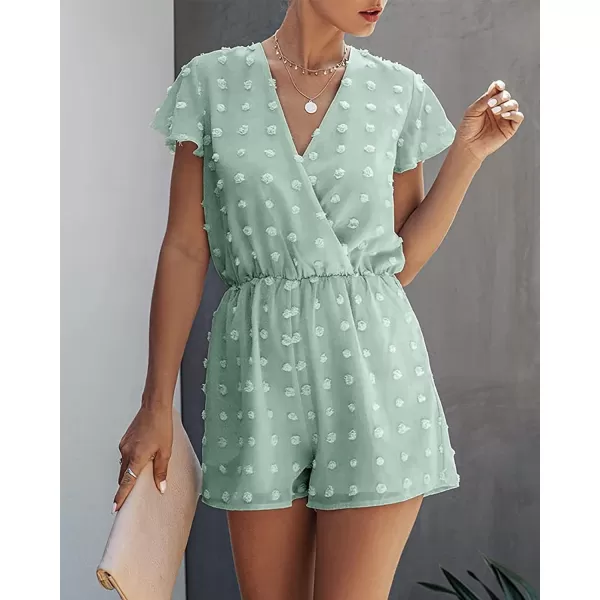 imageBTFBM Women 2024 Summer Fashion V Neck Wrap Rompers Swiss Dot Pocketed Elastic Waist Short Sleeve Beach Shorts JumpsuitGreen