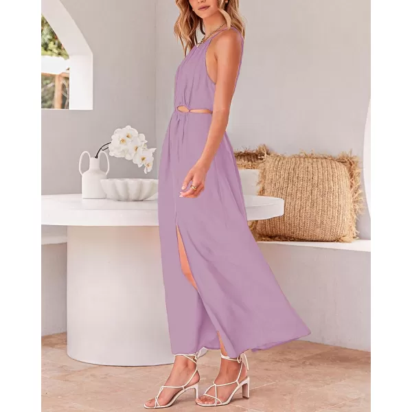 imageBTFBM Women 2024 Summer Sleeveless Halter Maxi Dress Cutout Backless Slit Boho Party Cocktail Casual Beach Sun DressesSolid Purple