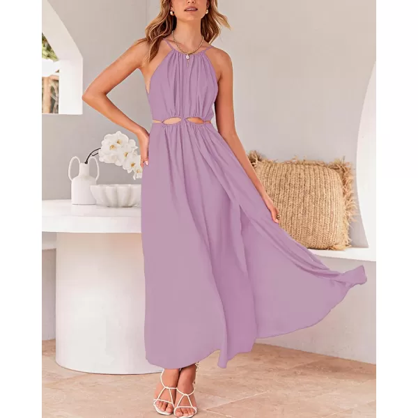 imageBTFBM Women 2024 Summer Sleeveless Halter Maxi Dress Cutout Backless Slit Boho Party Cocktail Casual Beach Sun DressesSolid Purple