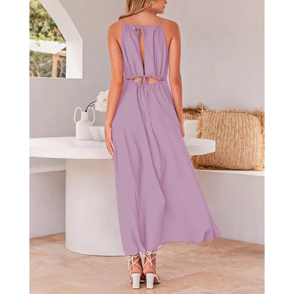 imageBTFBM Women 2024 Summer Sleeveless Halter Maxi Dress Cutout Backless Slit Boho Party Cocktail Casual Beach Sun DressesSolid Purple