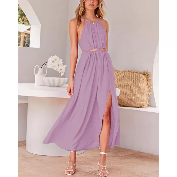 imageBTFBM Women 2024 Summer Sleeveless Halter Maxi Dress Cutout Backless Slit Boho Party Cocktail Casual Beach Sun DressesSolid Purple