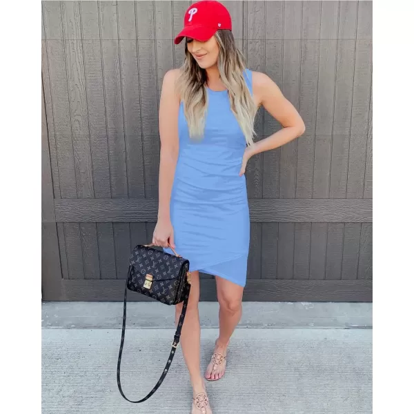 imageBTFBM Women 2024 Summer Sleeveless Tank Dresses Crew Neck Slim Fit Short Casual Ruched Bodycon Party Club Mini DressAiry Blue