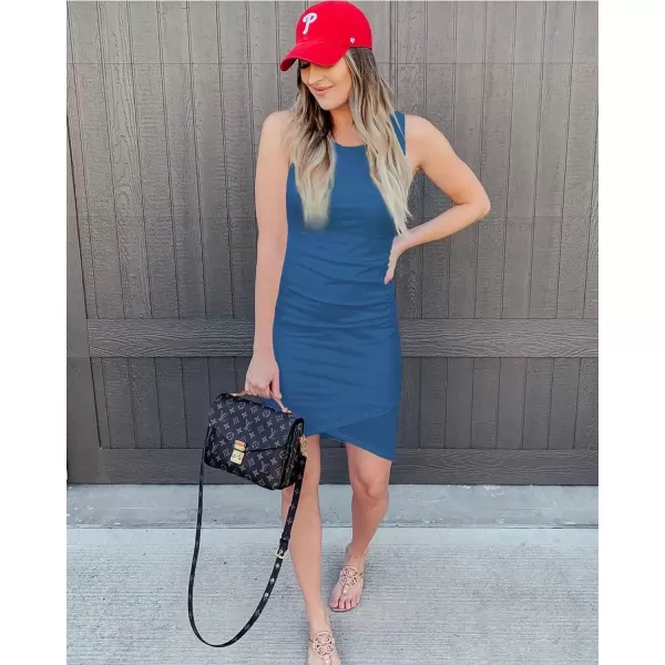 imageBTFBM Women 2024 Summer Sleeveless Tank Dresses Crew Neck Slim Fit Short Casual Ruched Bodycon Party Club Mini DressBlue