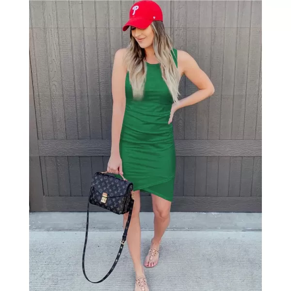imageBTFBM Women 2024 Summer Sleeveless Tank Dresses Crew Neck Slim Fit Short Casual Ruched Bodycon Party Club Mini DressBright Green