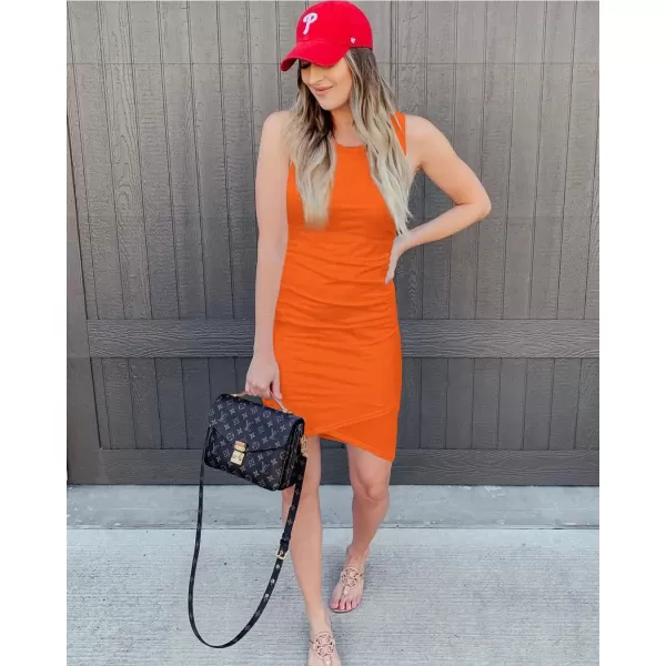 imageBTFBM Women 2024 Summer Sleeveless Tank Dresses Crew Neck Slim Fit Short Casual Ruched Bodycon Party Club Mini DressBright Orange
