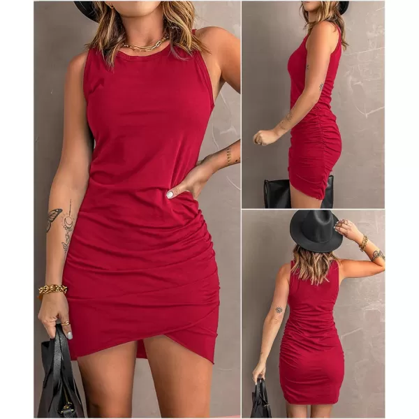 imageBTFBM Women 2024 Summer Sleeveless Tank Dresses Crew Neck Slim Fit Short Casual Ruched Bodycon Party Club Mini DressBright Red