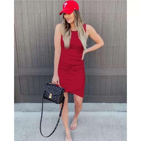 imageBTFBM Women 2024 Summer Sleeveless Tank Dresses Crew Neck Slim Fit Short Casual Ruched Bodycon Party Club Mini DressBright Red