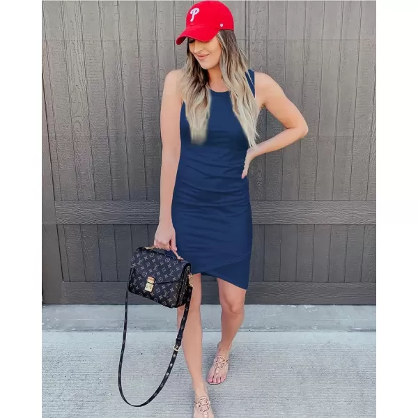 imageBTFBM Women 2024 Summer Sleeveless Tank Dresses Crew Neck Slim Fit Short Casual Ruched Bodycon Party Club Mini DressDark Blue