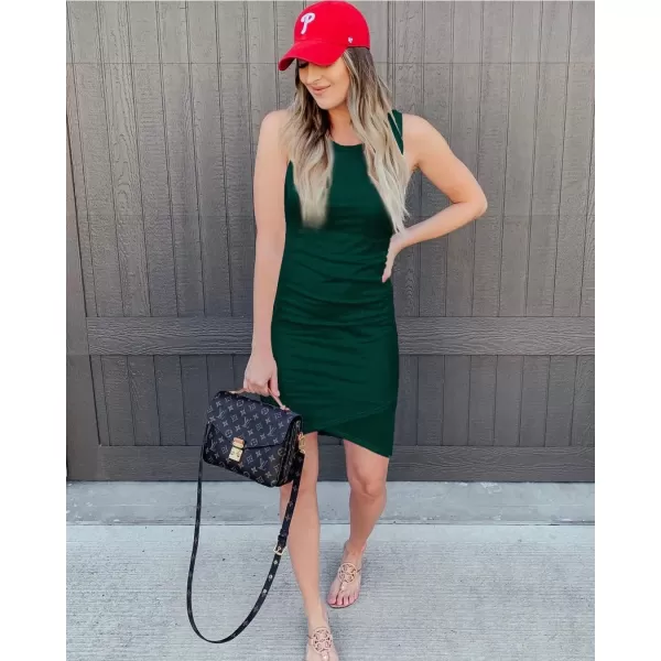 imageBTFBM Women 2024 Summer Sleeveless Tank Dresses Crew Neck Slim Fit Short Casual Ruched Bodycon Party Club Mini DressDark Green