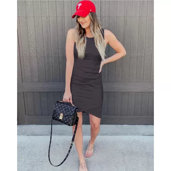 imageBTFBM Women 2024 Summer Sleeveless Tank Dresses Crew Neck Slim Fit Short Casual Ruched Bodycon Party Club Mini DressDark Grey