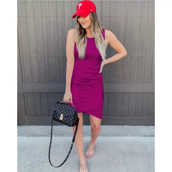 imageBTFBM Women 2024 Summer Sleeveless Tank Dresses Crew Neck Slim Fit Short Casual Ruched Bodycon Party Club Mini DressDark Purple