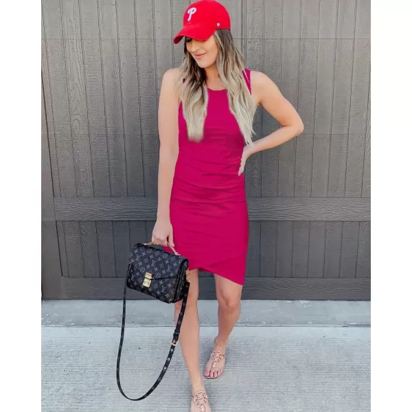 imageBTFBM Women 2024 Summer Sleeveless Tank Dresses Crew Neck Slim Fit Short Casual Ruched Bodycon Party Club Mini DressDark Rose Red