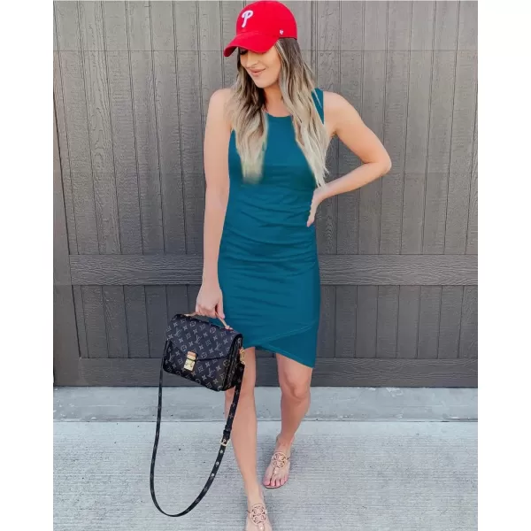 imageBTFBM Women 2024 Summer Sleeveless Tank Dresses Crew Neck Slim Fit Short Casual Ruched Bodycon Party Club Mini DressDeep Blue
