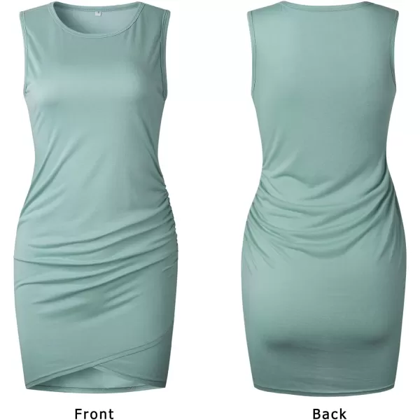 imageBTFBM Women 2024 Summer Sleeveless Tank Dresses Crew Neck Slim Fit Short Casual Ruched Bodycon Party Club Mini DressGreen